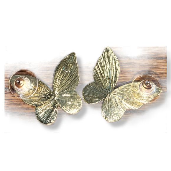 Gold-Tone Round and Baguette White Crystal Butterfly Pierced Earrings - Picture 3 of 6